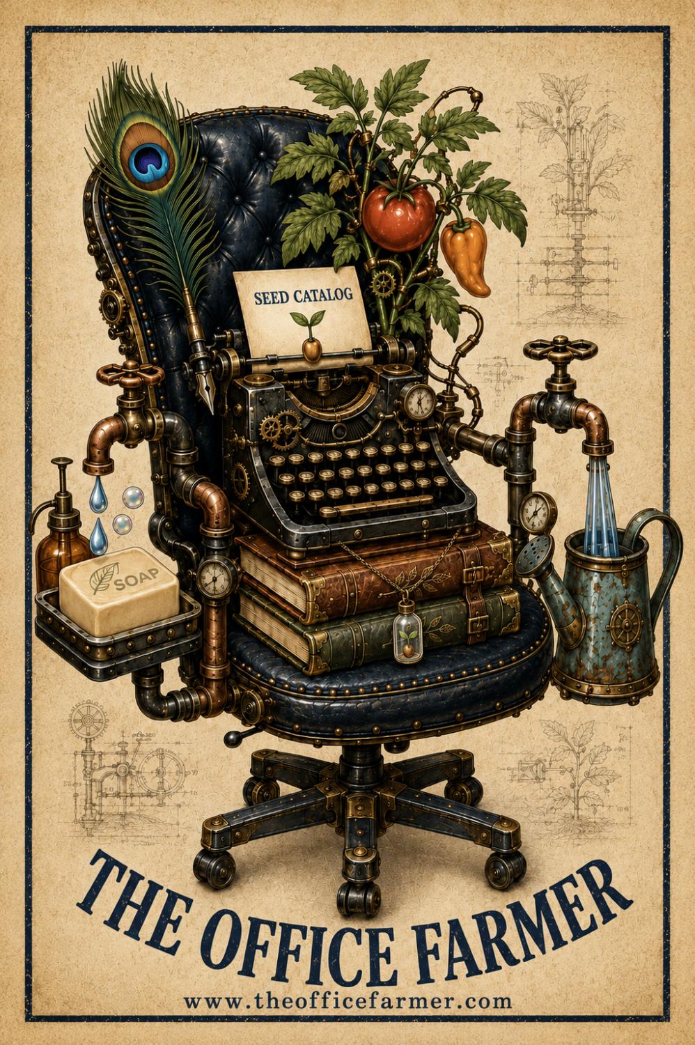 The Office Farmer brand illustration: a navy leather office chair grown through with tomato plants, brass pipes, a typewriter, and a watering can