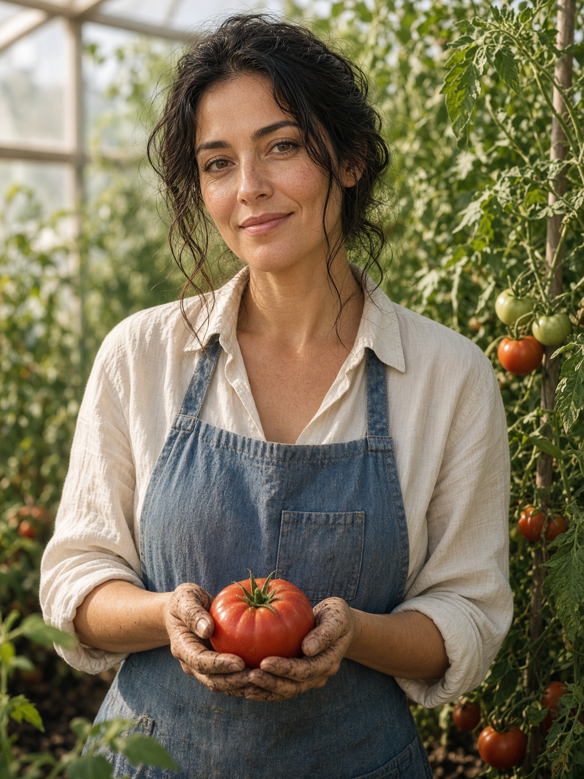 Maren in the greenhouse, holding a ripe tomato