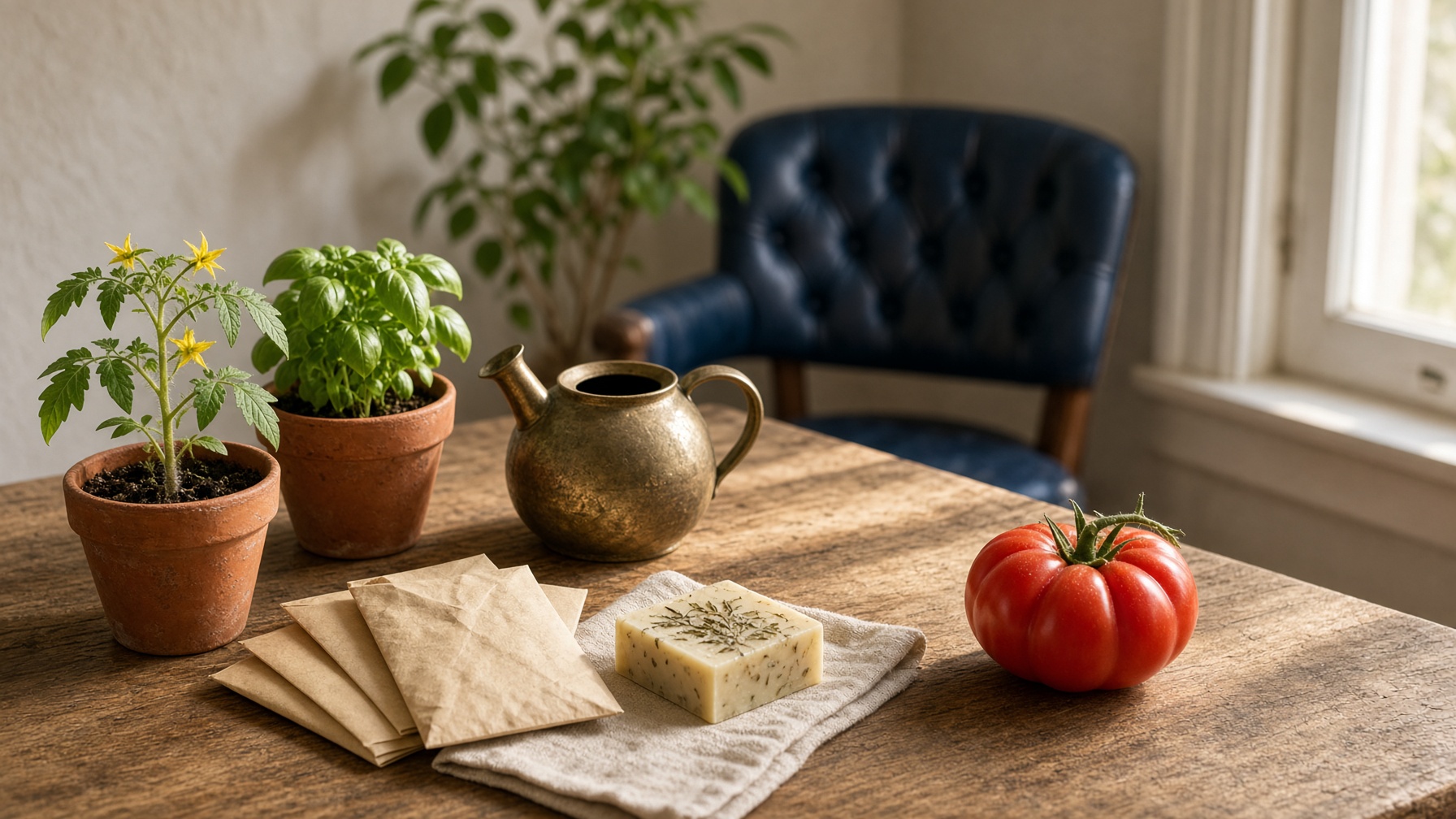 A sunlit desk turned into a small indoor farm with terracotta pots, seed packets, and a watering can
